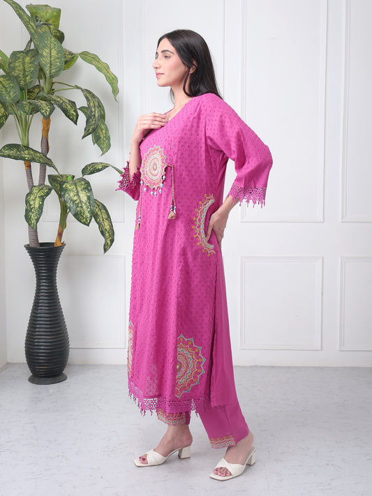 Magenta Pink Summer Cotton Kurta Set with Dupatta