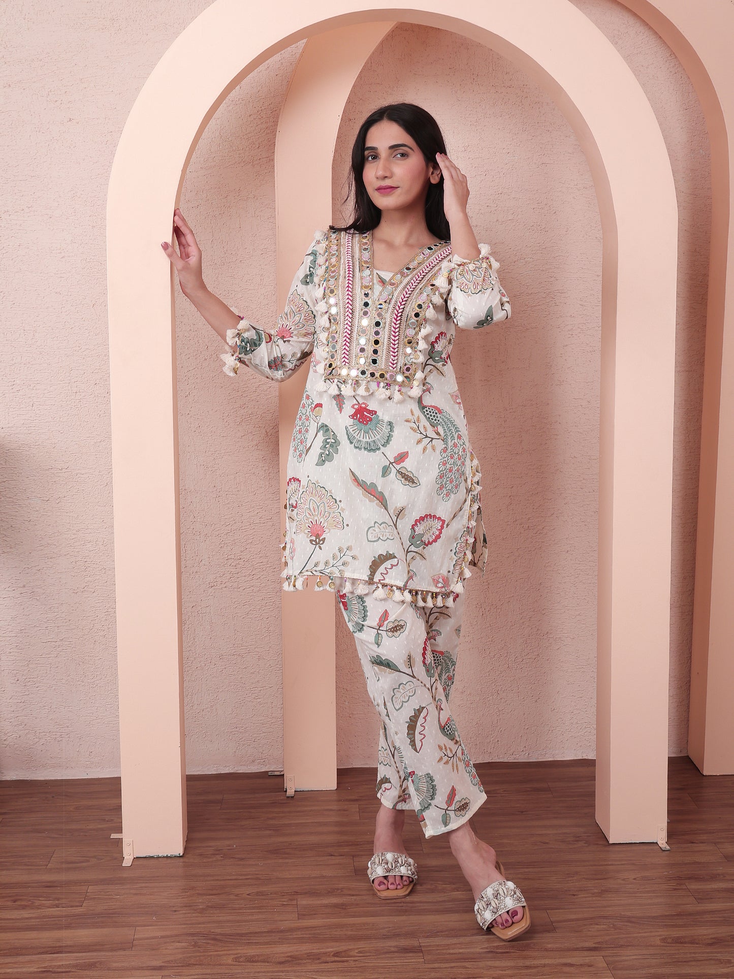 Floral Mirror work Co-ord Set | Ivory and Red
