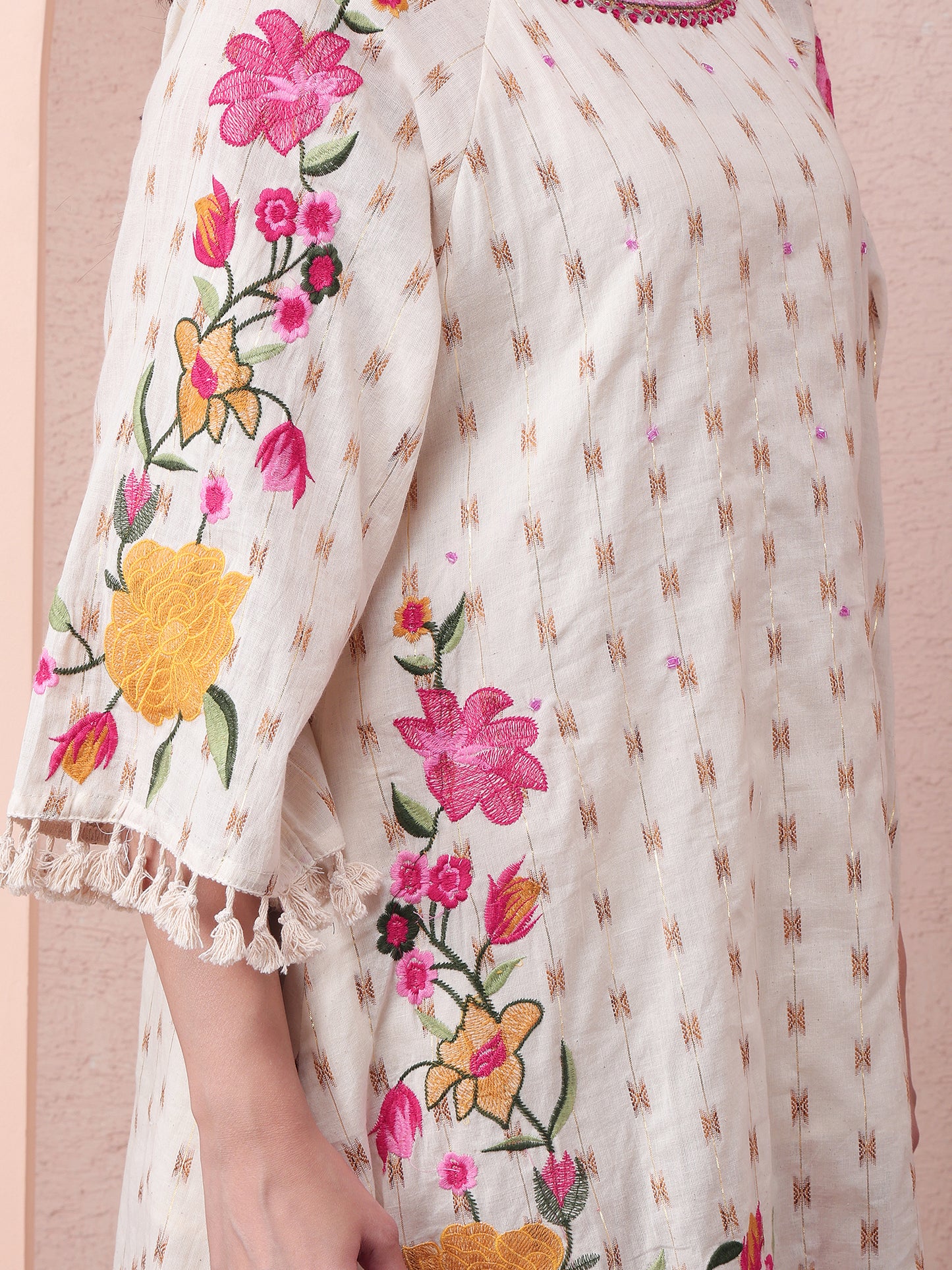 Blooming Ivory Cotton Co-ord Set with Floral Embroidery