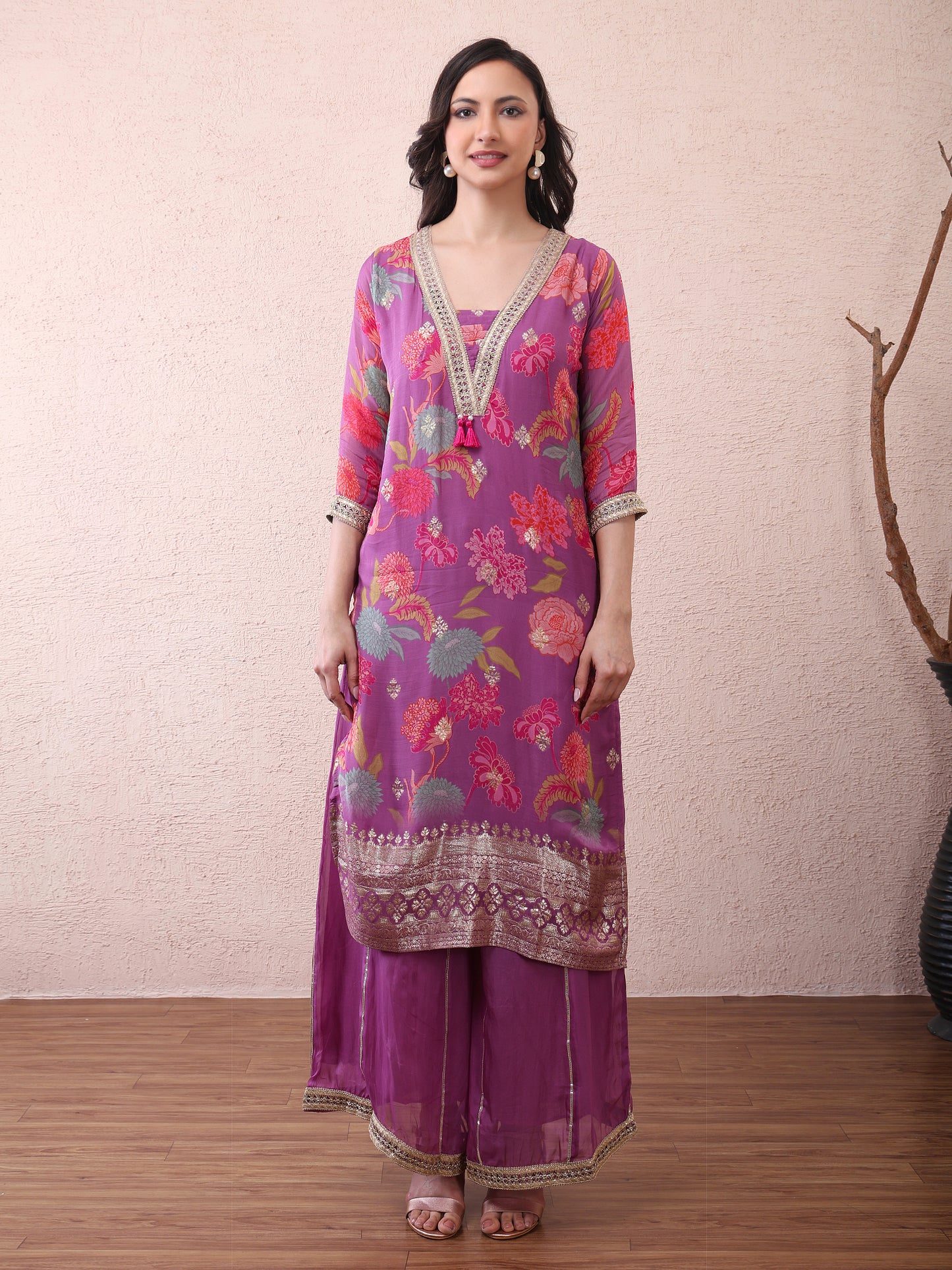 Purple Floral Vichitra Silk Suit Set with Dupatta | Designer Ethnic Wear for Women