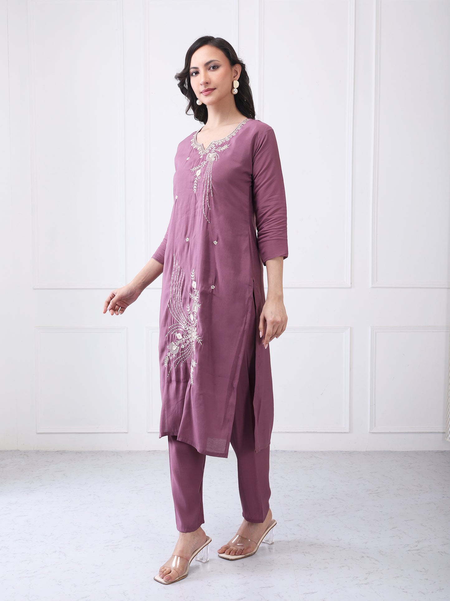 Mauve Vichitra Silk Suit Set with Embroidery & Dupatta
