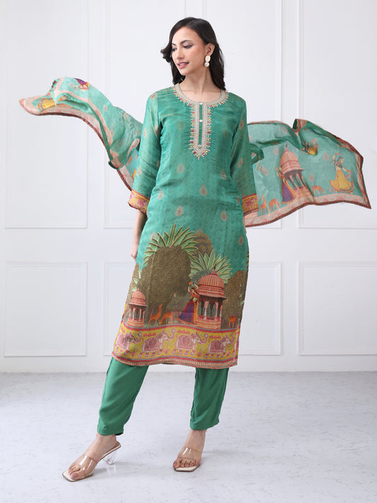 Green Printed Suit Set with Dupatta for Women