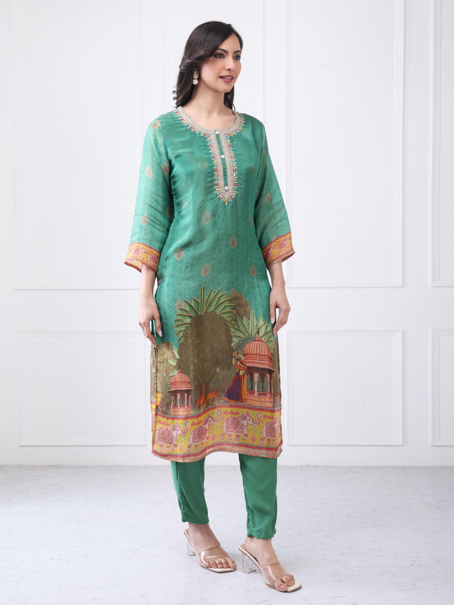 Green Printed Suit Set with Dupatta for Women