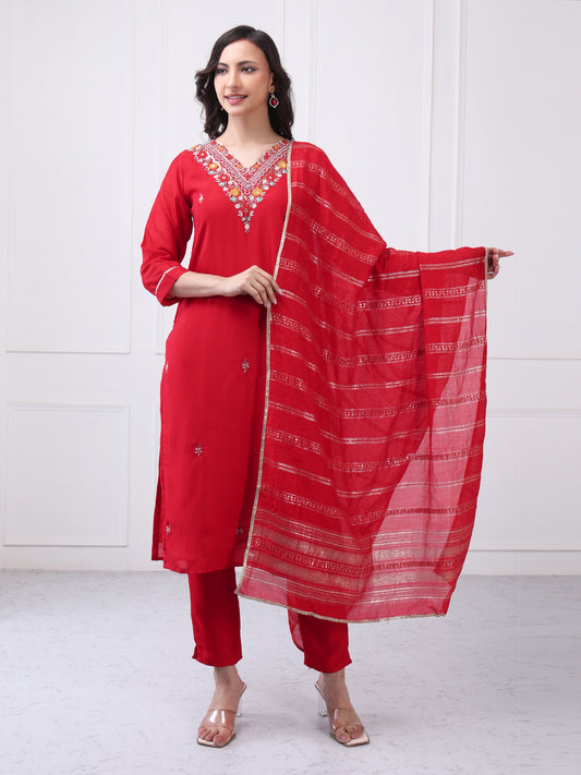 Summer Red Design Silk Blend Kurta Set