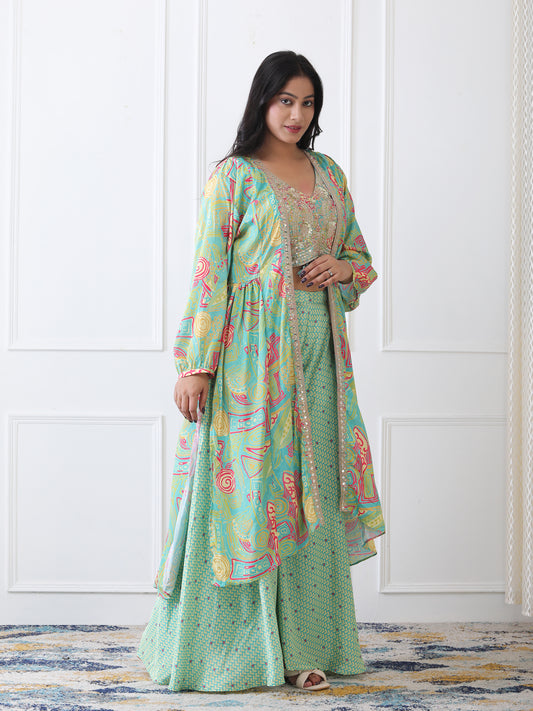Stylish Partywear Green Indo-Western Crop Top Dress