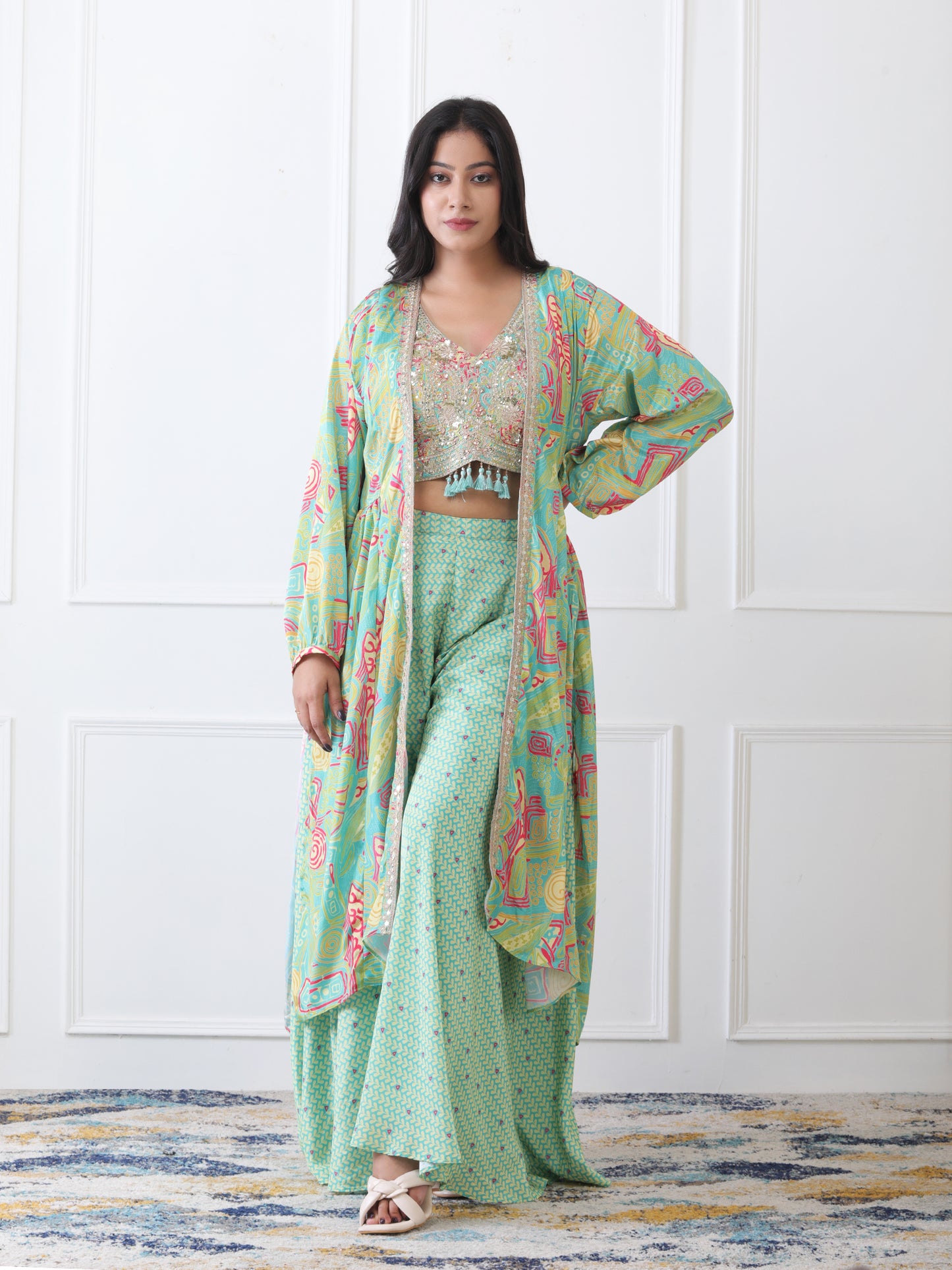 Stylish Partywear Green Indo-Western Crop Top Dress