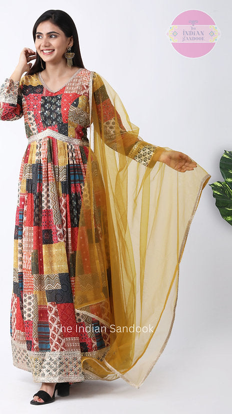 Festive Multicolor Georgette Anarkali Gown with Dupatta