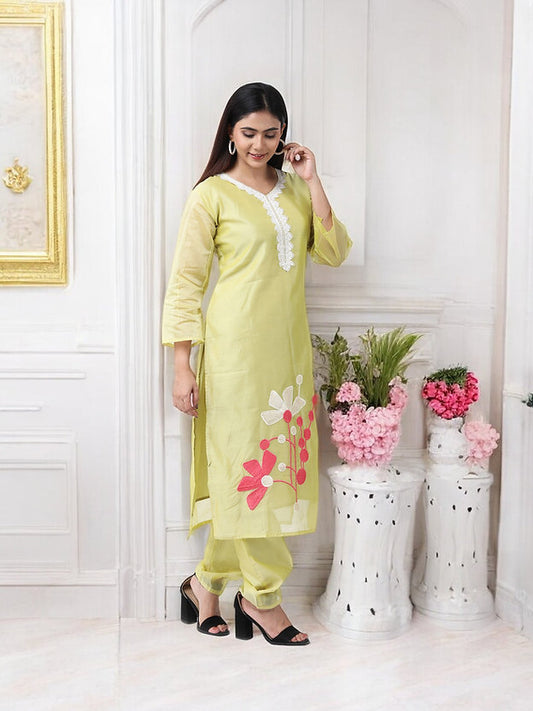 Yellow Embriodered Kurta with Trousers and Dupatta