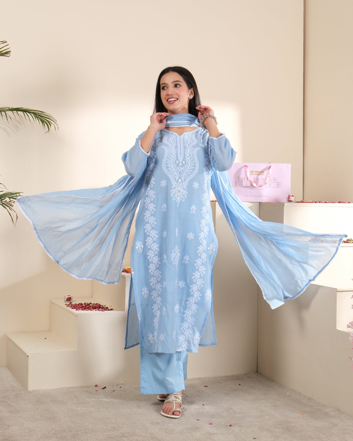 Women's Powder Blue Cotton Embroidered Kurta Pant Set with Dupatta