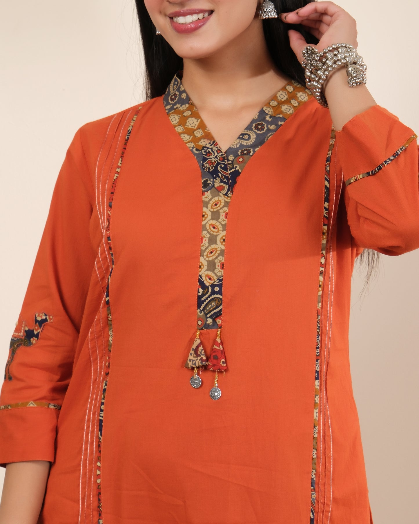 Women's Rust Orange Cotton Kurta Palazzo Set with Embroidery & Dupatta