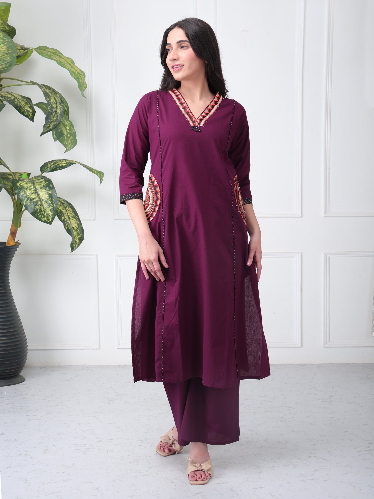 Plum Wine Cotton Suit Set with Dupatta ( Side Pcokets)