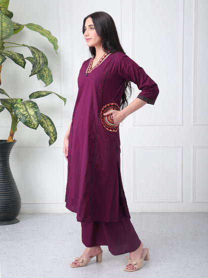 Plum Wine Cotton Suit Set with Dupatta ( Side Pcokets)