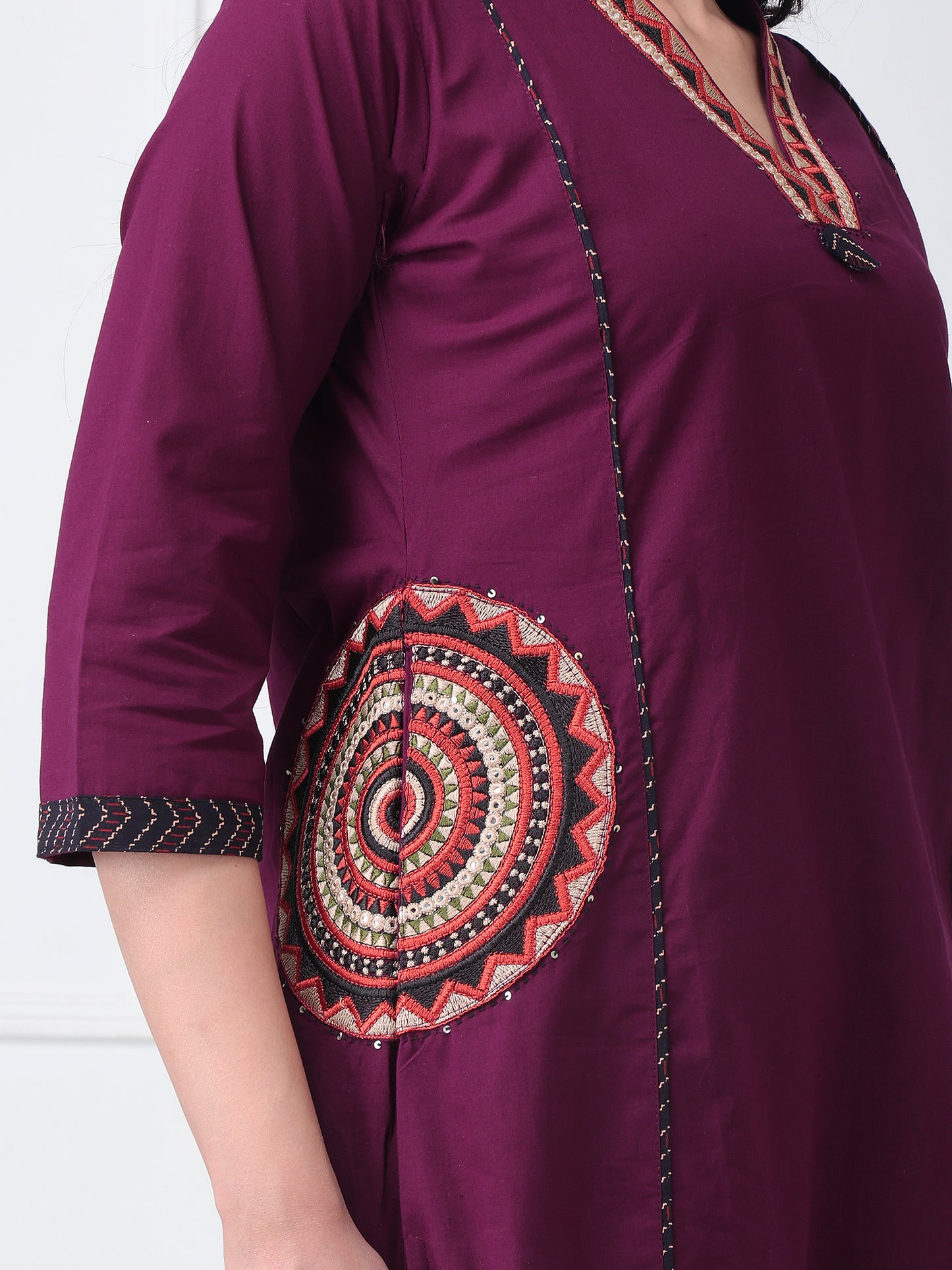 Plum Wine Cotton Suit Set with Dupatta ( Side Pcokets)