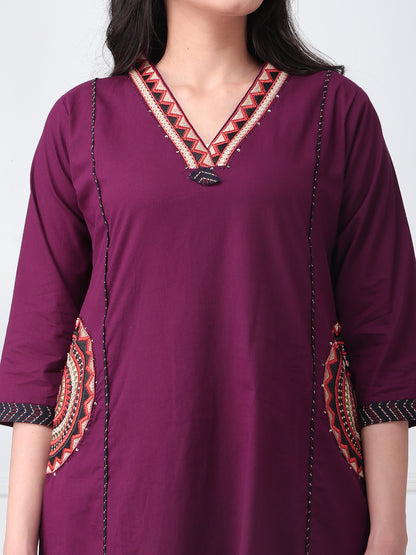 Plum Wine Cotton Suit Set with Dupatta ( Side Pcokets)