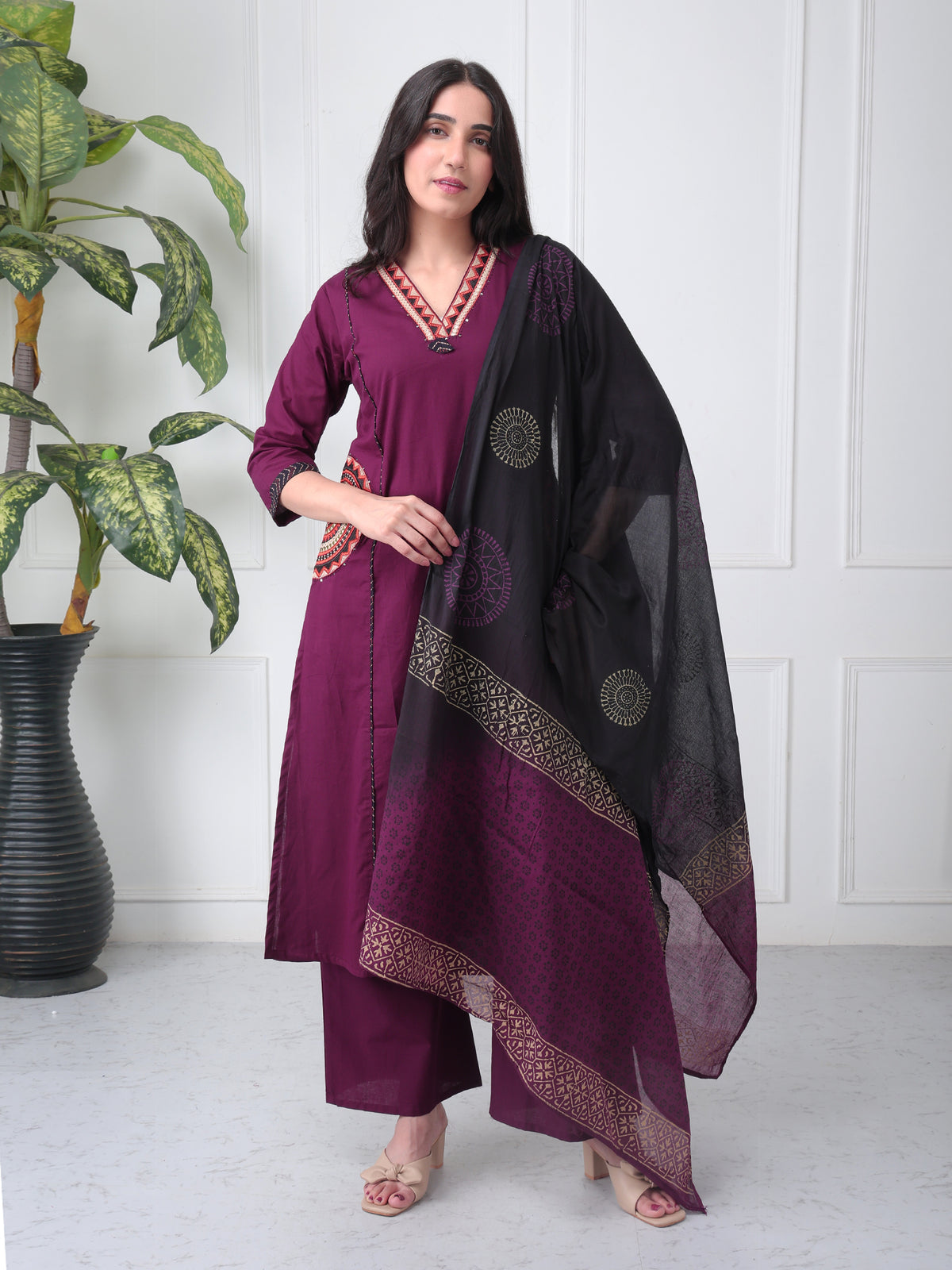 Plum Wine Cotton Suit Set with Dupatta (Side Pockets)