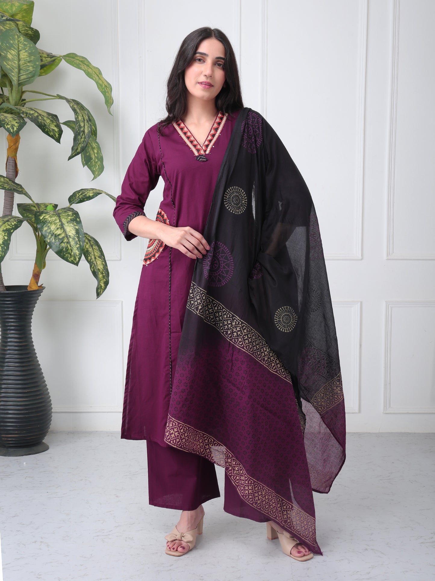 Plum Wine Cotton Suit Set with Dupatta ( Side Pcokets)
