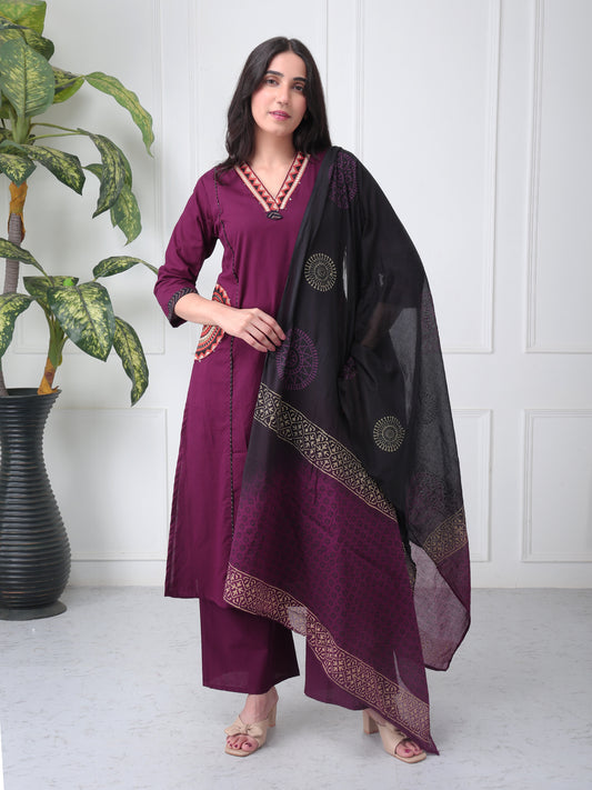 Plum Wine Cotton Suit Set with Dupatta ( Side Pcokets)