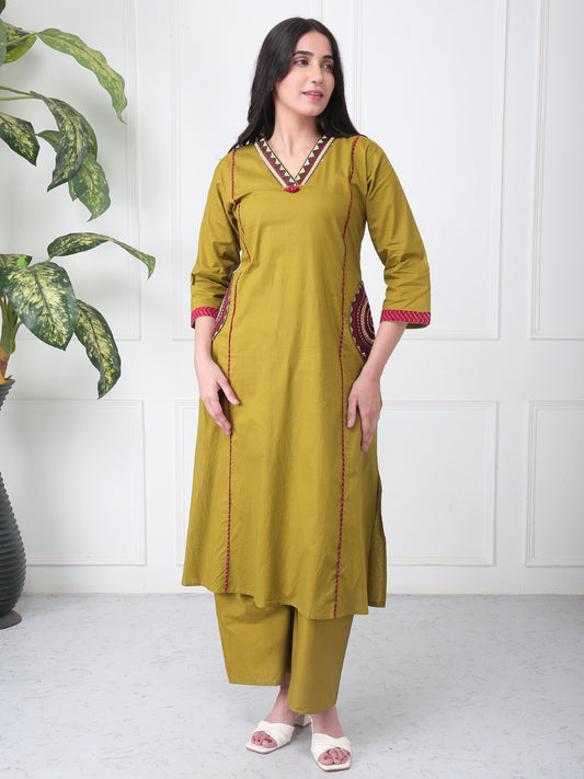 Olive Green Cotton Suit Set with printed Red Dupatta