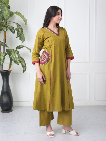 Olive Green Cotton Suit Set with printed Red Dupatta