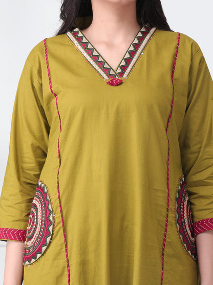 Olive Green Cotton Suit Set with printed Red Dupatta