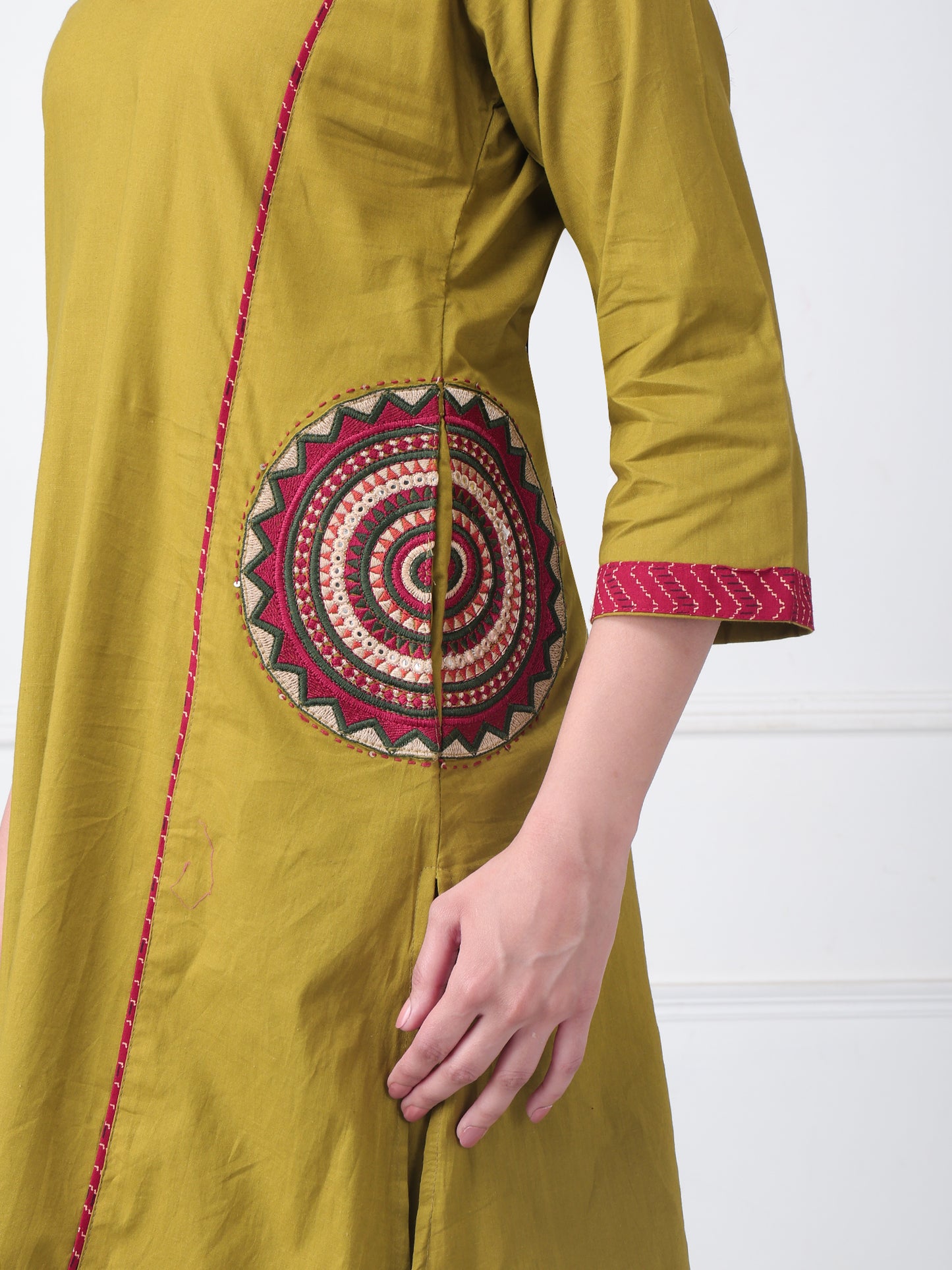 Olive Green Cotton Suit Set with printed Red Dupatta