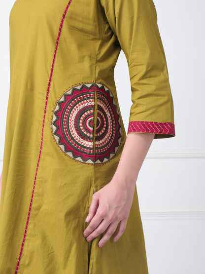 Olive Green Cotton Suit Set with printed Red Dupatta