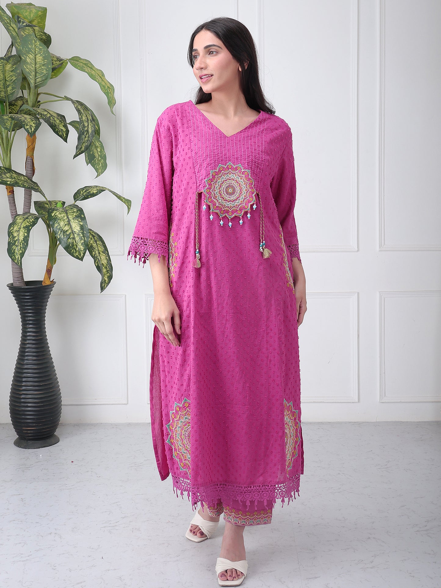 Magenta Pink Summer Cotton Kurta Set with Dupatta