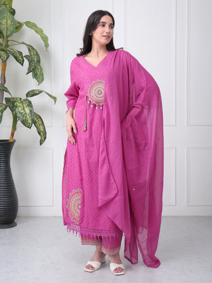 Magenta Pink Summer Cotton Kurta Set with Dupatta