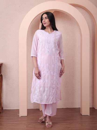 Pastel Pink Cotton Chikankari Suit Set with Dupatta