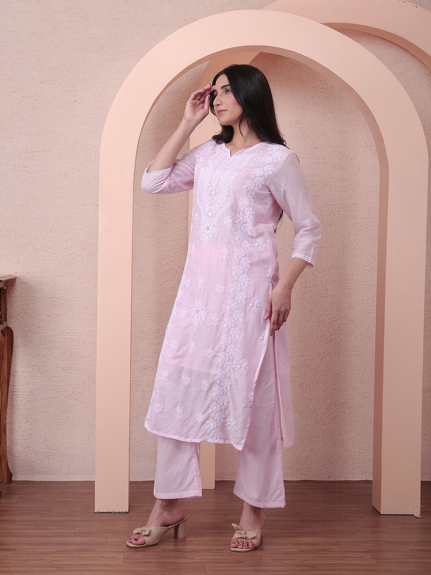 Pastel Pink Cotton Chikankari Suit Set with Dupatta