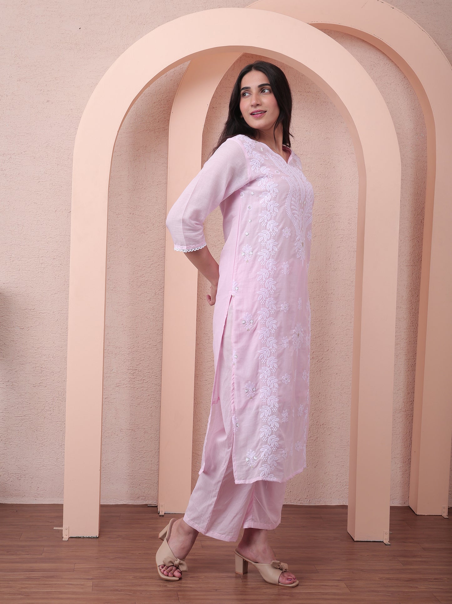 Pastel Pink Cotton Chikankari Suit Set with Dupatta