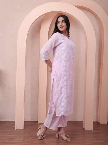 Pastel Pink Cotton Chikankari Suit Set with Dupatta