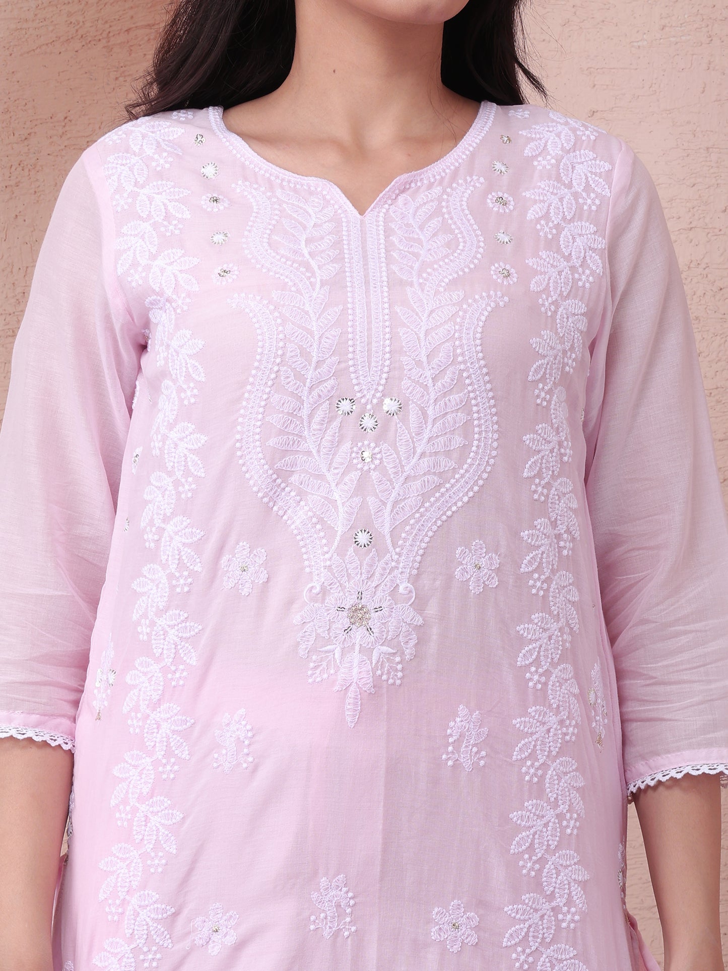 Pastel Pink Cotton Chikankari Suit Set with Dupatta