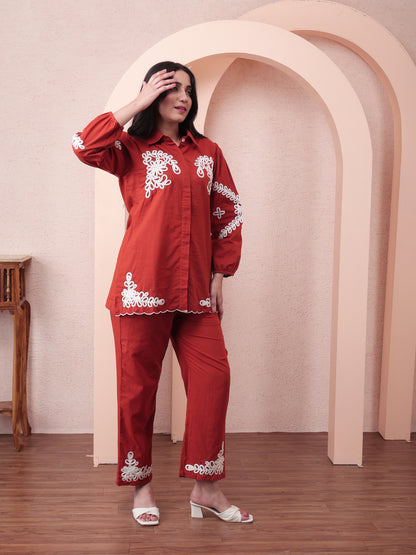 Women’s Rust Cotton Co-Ord Set with Floral Embroidery | Casual & Daily Wear