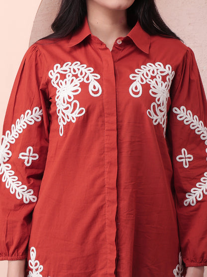 Women’s Rust Cotton Co-Ord Set with Floral Embroidery | Casual & Daily Wear