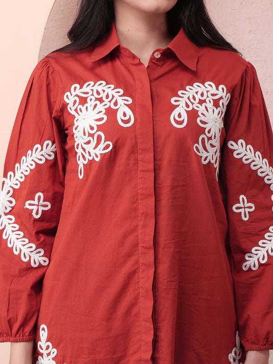 Women’s Rust Cotton Co-Ord Set with Floral Embroidery | Casual & Daily Wear