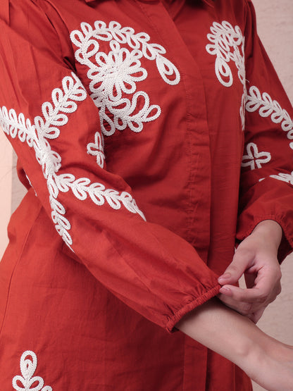 Women’s Rust Cotton Co-Ord Set with Floral Embroidery | Casual & Daily Wear