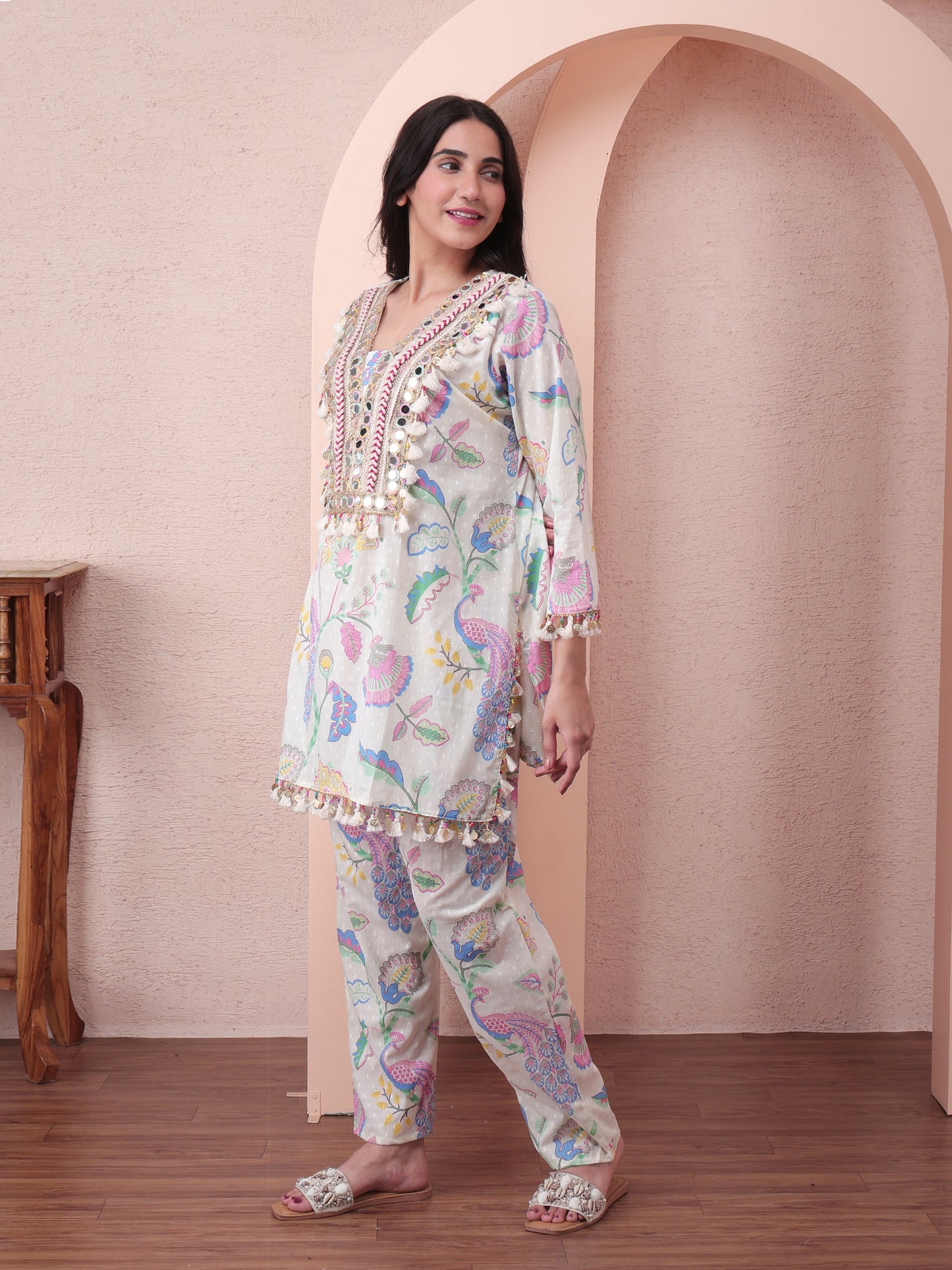 Floral Mirror work Co-ord Set | Blue