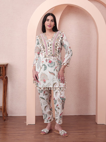 Floral Mirror work Co-ord Set | Ivory and Red