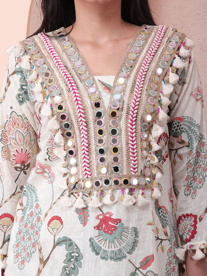 Floral Mirror work Co-ord Set | Ivory and Red