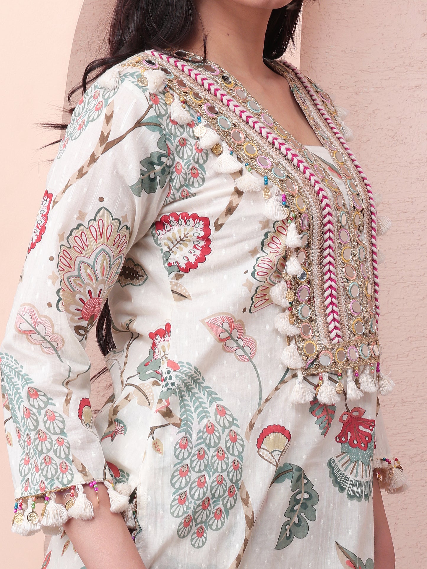 Floral Mirror work Co-ord Set | Ivory and Red