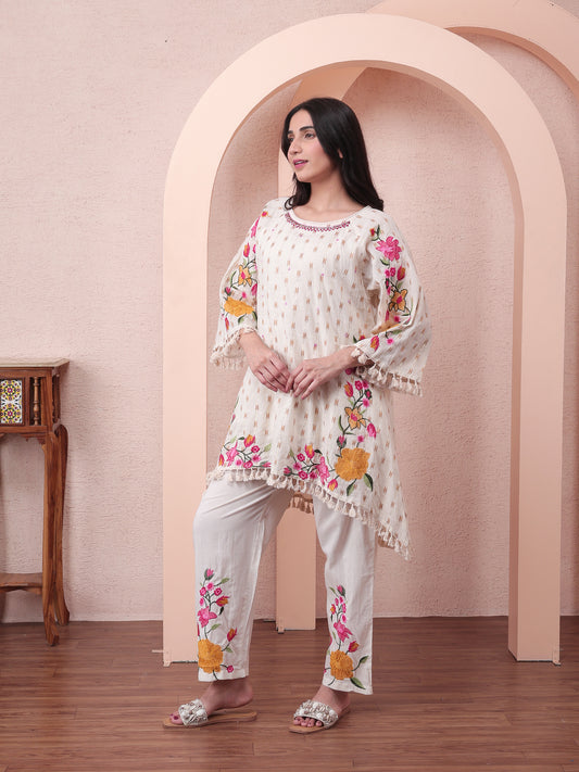 Blooming Ivory Cotton Co-ord Set with Floral Embroidery