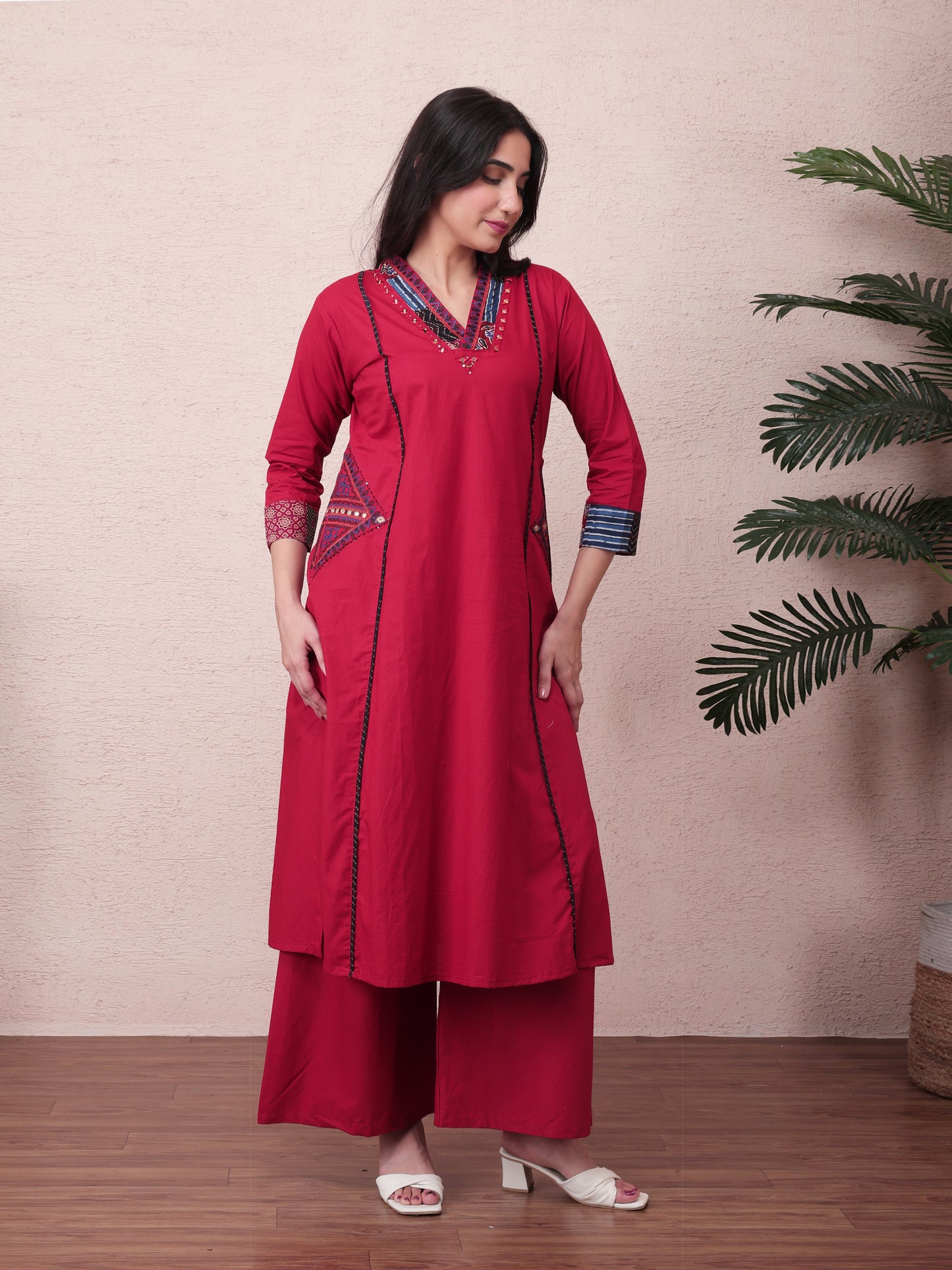 Ruby Red Cotton Kurta Pant Set with Side Pockets &  Black Printed Dupatta for Women