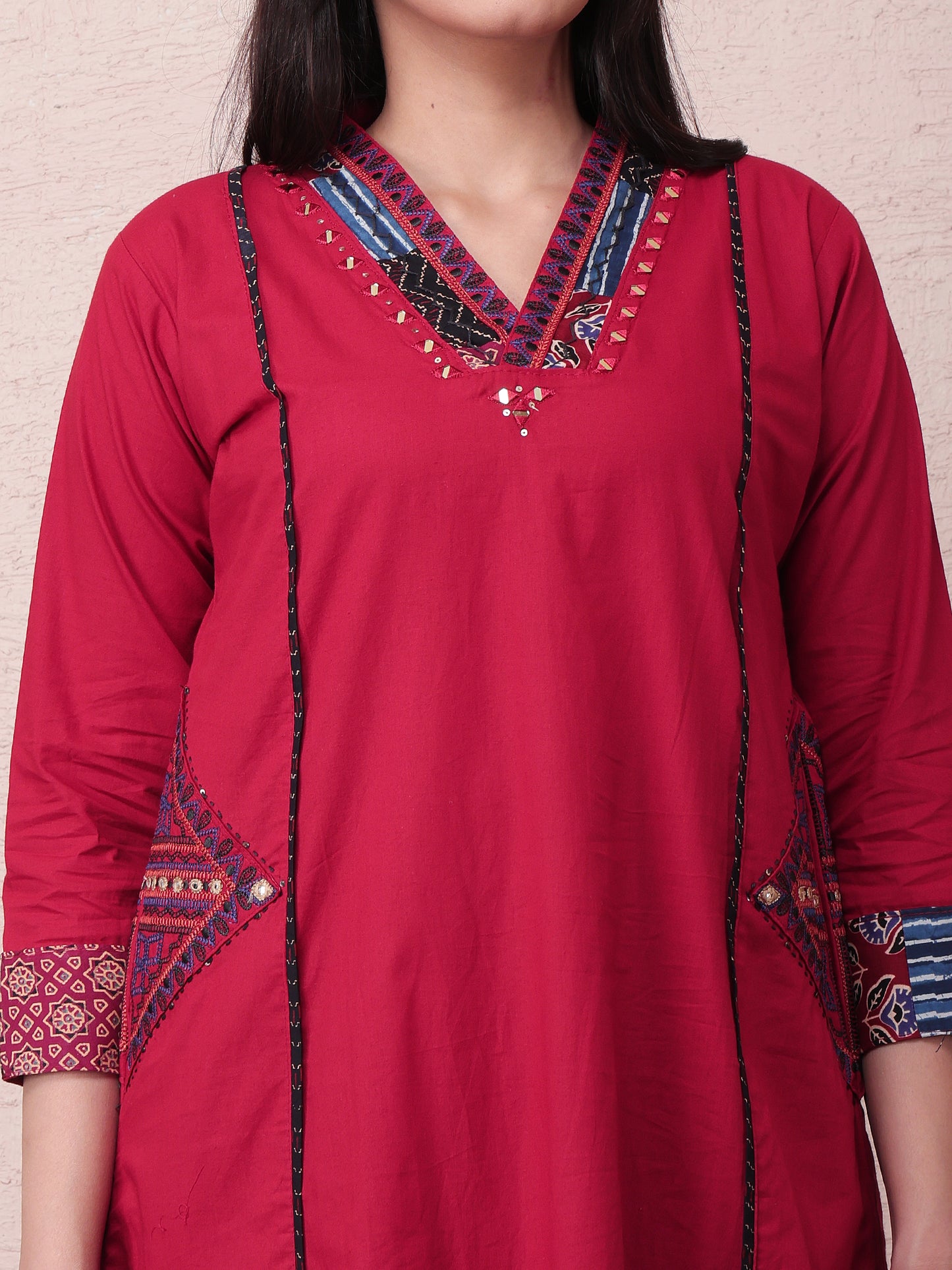 Ruby Red Cotton Kurta Pant Set with Side Pockets &  Black Printed Dupatta for Women