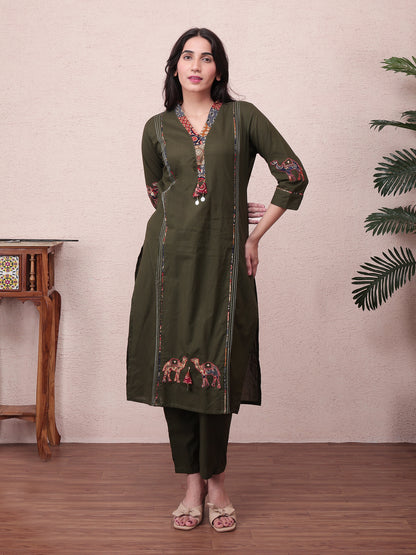 Women’s Forest Green Cotton Kurta Pant Set with Printed Dupatta
