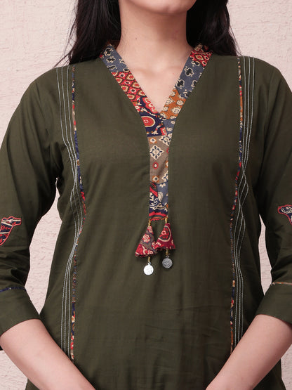 Women’s Forest Green Cotton Kurta Pant Set with Printed Dupatta
