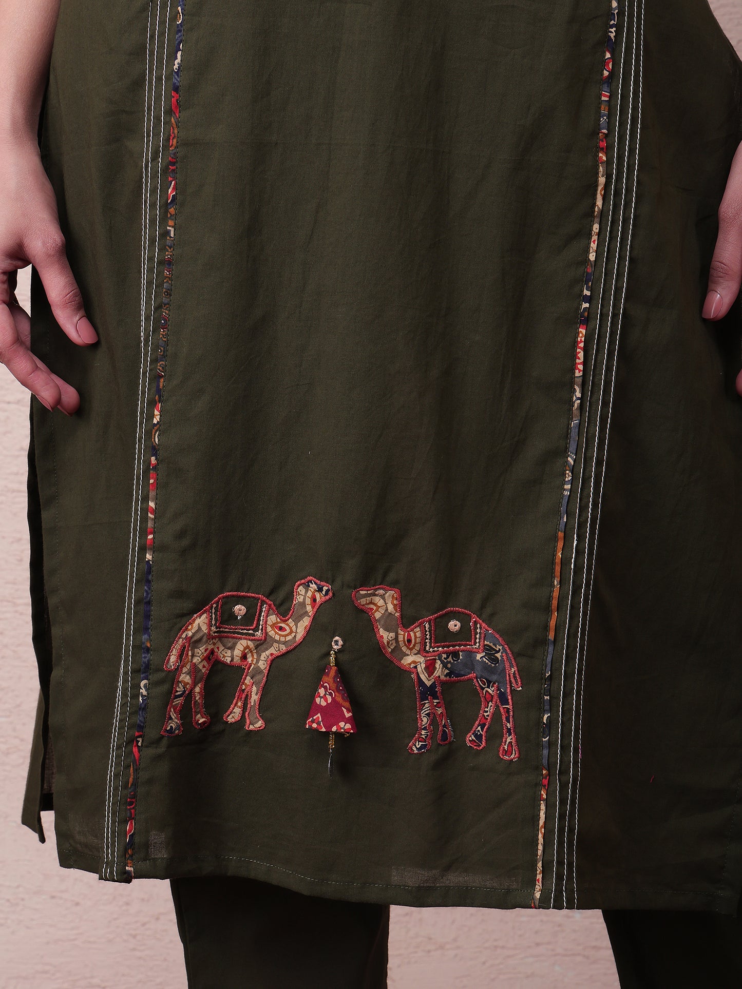 Women’s Forest Green Cotton Kurta Pant Set with Printed Dupatta