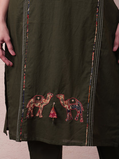 Women’s Forest Green Cotton Kurta Pant Set with Printed Dupatta