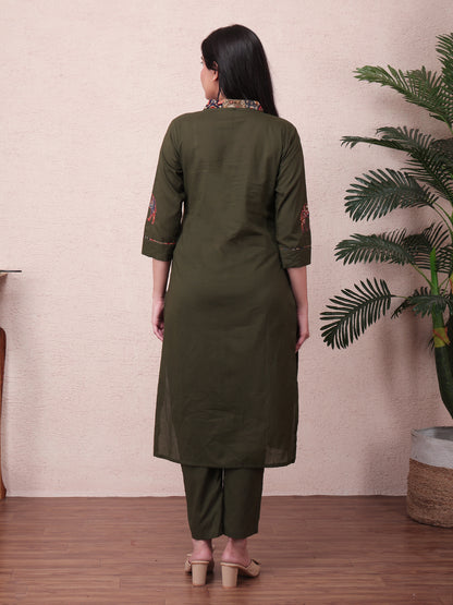Women’s Forest Green Cotton Kurta Pant Set with Printed Dupatta