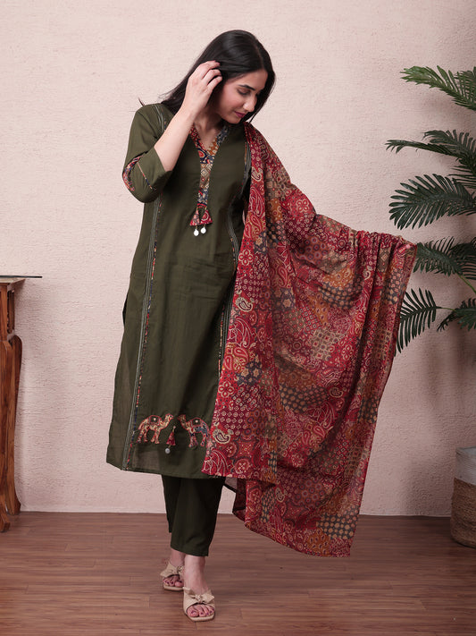 Women’s Forest Green Cotton Kurta Pant Set with Printed Dupatta